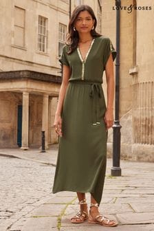 Love & Roses Khaki Green Sequin Trim Hanky Hem Shorts Sleeve Midi Dress (K99515) | $103