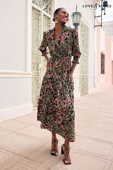 Love & Roses Khaki Green Animal Printed Shirred Cuff Button Through Shirt Dress (K99523) | $106