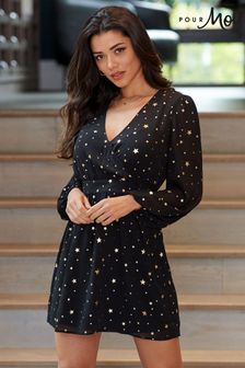 Pour Moi Black Gold Star Natalya Gold Jacquard Star Chiffon Puff Sleeve Dress (L00484) | $105