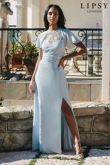 Lipsy Blue Bridesmaid Embroidered Flutter Sleeve Maxi Dress (L00950) | €29