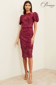 Berry Red - Lipsy Short Sleeve Lace Midi Dress (L01031) | BGN260