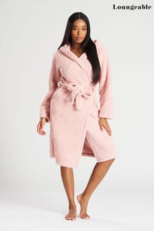 Loungeable Dusky Pink Luxury Borg Fleece Hooded Dressing Gown with Satin Trims (L03768) | CA$70