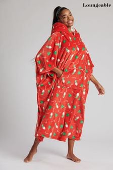 Loungeable Red Christmas Print Christmas Print Oversized Blanket Hoodie with Super-soft Borg Hood Lining (L04613) | CA$75