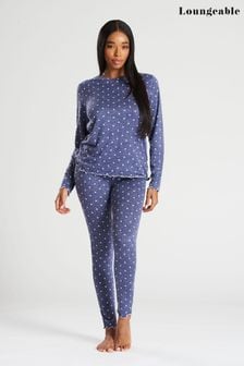 Albastru bleumarin cu buline - Set de pijamale confortabile cu pantaloni striații din material foarte moale (L05170) | 185 LEI