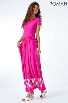 Roman Pink Tie Dye Border Print Stretch Maxi Dress (L06582) | ₪ 142