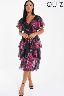 Quiz Black & Pink Floral Chiffon Tiered Midi Dress (L07109) | 47 €