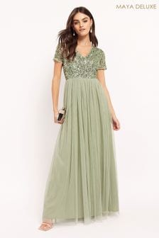 Maya Green V Neck Short Sleeve Sequin Maxi Dress (L08580) | 55 €
