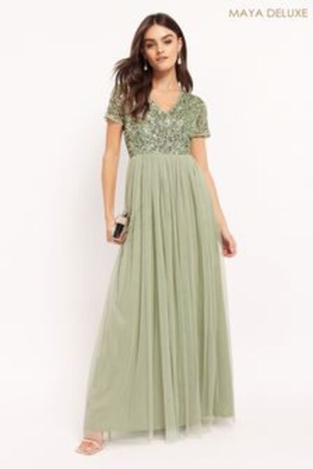 Maya Green V Neck Short Sleeve Sequin Maxi Dress (L08580) | €103
