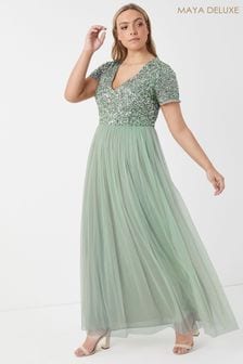 Maya Green Curve V Neck Short Sleeve Sequin Maxi Dress (L09864) | €88