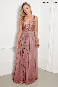 Розово-золотистый - Платье макси с V-образным вырезом и пайетками на топе Sistaglam (L10797) | €122