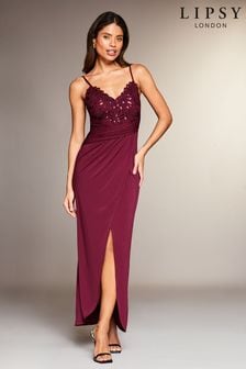 Lipsy Red Petite Applique Lace Cami Maxi Dress (L12708) | LEI 607