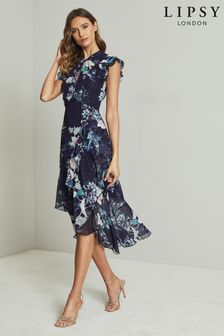 Lipsy Navy Petite Printed Keyhole Fit and Flare Midi Dress (L12715) | INR 7,045