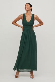 Vila Green Sleeveless V Neck Tulle Maxi Dress (L14420) | $149