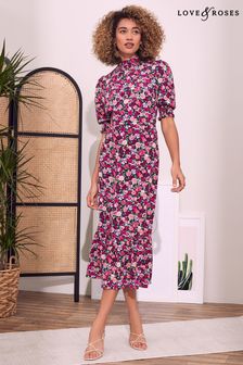 Love & Roses Pink and Purple Petite Printed High Neck Midi Dress (L14650) | ₪ 203