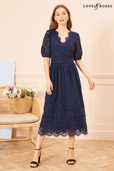 Love & Roses Navy Scallop Lace Skater Dress (L14656) | $114