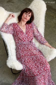 Great Plains Red Cala Floral Long Sleeve Wrap Maxi Dress (L21173) | 58 €