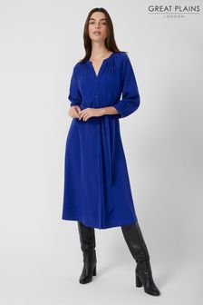 Great Plains Blue Simple Lyocell Long Sleeve Belt Mid Dress (L21178) | 299 zł