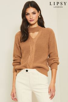 Lipsy Neutral Regular Cut Out High Neck Knitted Cosy Jumper (L21853) | KRW63,700