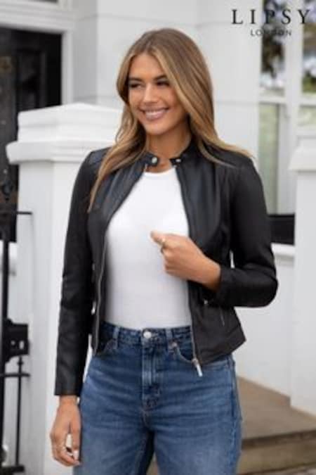 Noir - Veste en cuir Lipsy sans col (L24225) | €133