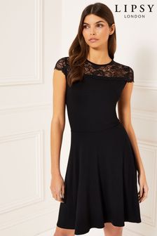 Lipsy Black Cap Sleeve Lace Skater Dress (L25382) | CHF 34