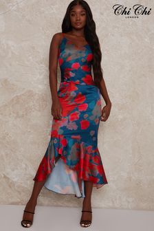 Chi Chi London Blue & Red Sleeveless Floral Print Midi Dress (L45394) | 406 QAR