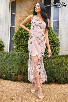 Chi Chi London Nude One Shoulder Peplum Embroidered Bodycon Dress (L45865) | LEI 476