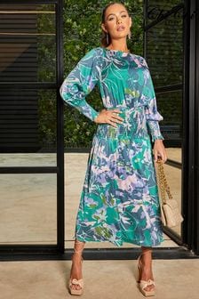 Chi Chi London Teal Green Multi Long Sleeve Floral Abstract Midi Dress (L70819) | 366 QAR