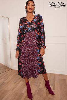 Chi Chi London Black Multi Regular Long Sleeve Plunge Floral Printed Midi Dress (L71473) | €46