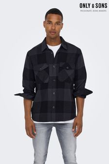 Only & Sons Black Check Regular Fit Button Up Long Sleeve Flannel Overshirt (L83528) | $55