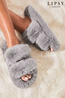 Lipsy Grey Faux Fur Double Strap Slippers (L86139) | €27