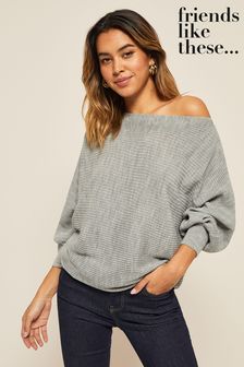 Friends Like These Grey Off the Shoulder Batwing Jumper (L89274) | TRY 810