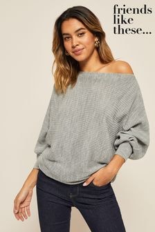 Friends Like These Grey Batwing Knitted Off The Shoulder Jumper (L89274) | $60