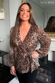 In The Style Brown Leopard Charlotte Greedy Brown Leopard Wrap Balloon Sleeve Top (L89635) | €31