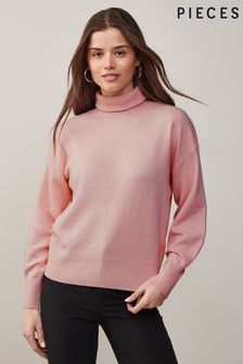 Roz - Pieces confortabil cu guler înalt și mânecă bufantă (L97430) | 185 LEI