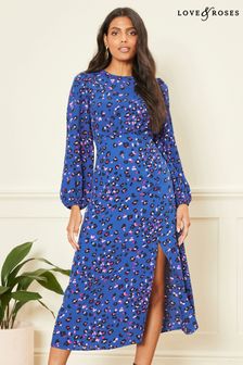 Love & Roses Blue Animal Regular Long Sleeve Empire Midi Dress (L98042) | €27