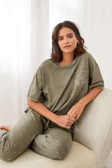 Khaki Green Washed Star Cotton Pyjamas (M00049) | 41 €