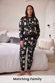 Fekete/fehér - Passzoló női családi woodland pizsama (M00061) | 12 200 Ft