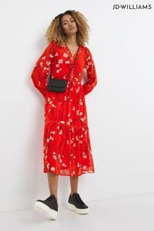 Robe longue JD Williams rouge à fleurs et à smocks avec bord ajouré (M00313) | €26