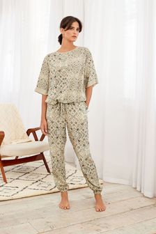 Ecru Floral Patchwork Short Sleeve Bubble Hem Pyjamas (M00402) | AED142