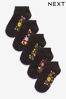 Black Floral 5 Pack Cotton Rich Footbed Trainer Socks (M01597) | €7 - €8