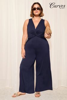 Curves Like These Navy Blue Tie Front Jersey Jumpsuit (M02840) | $89