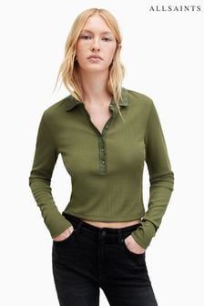 AllSaints Green Hallie Long Sleeve Polo Shirt (M03458) | AED416