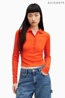AllSaints Orange Hallie Long Sleeve Polo Shirt (M03804) | SGD 145