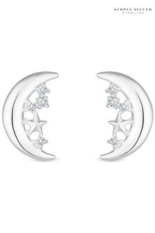 Simply Silver Tone Polished And Cubic Zirconia Celestial Crescent Earrings (M05709) | 149 LEI