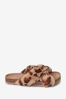 Crossover Cork Faux Fur Slider Slippers