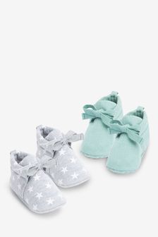 Teal Blue And Grey Stars 2 Pack Cotton Tie Baby Booties (0-18mths) (M07923) | SGD 16