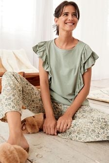 Green Ditsy Frill Detail Cotton Blend Pyjamas (M08220) | 112 QAR