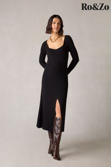 Ro&Zo Petite Rib Knit Sweetheart Neckline Black Midi Dress (M08758) | kr1,415