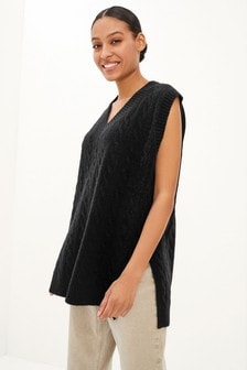 Black V-Neck Cable Tank Sweater (M08780) | CHF 36
