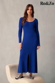 Ro&Zo Blue Rib Knit Sweetheart Neckline Midi Dress (M09060) | AED605